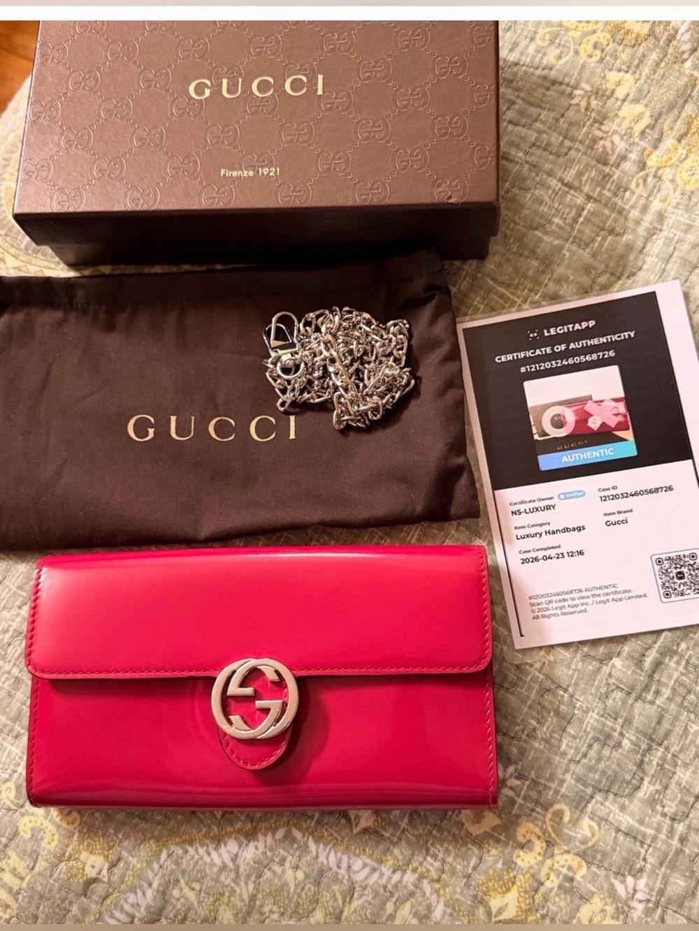Gucci Hot Pink Patent Leather Continental Wallet Double G/COA with unbrand Chain
